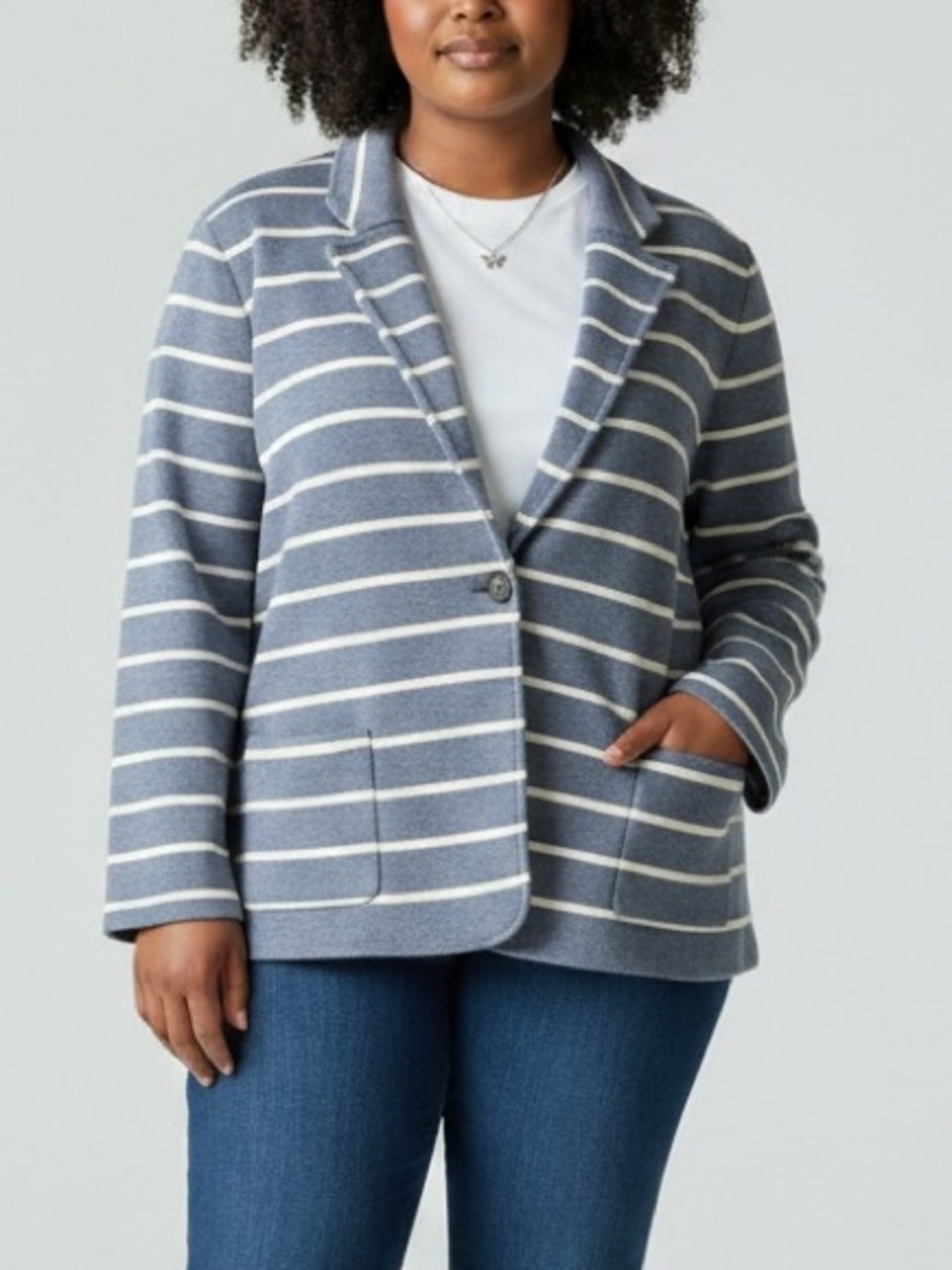 Talbots Sweater Blazer Womens 2X Blue White Striped Knit 1 Button Jacket Pockets